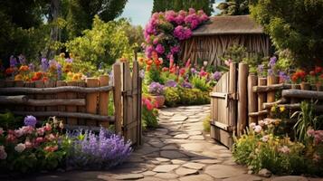 ai generiert ein malerisch Frühling Garten mit ein rustikal hölzern Tor und ein Vielfalt von bunt Blumen, foto
