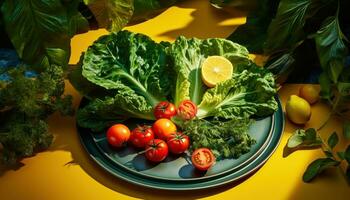 ai generiert ein Teller mit Kopfsalat, Tomaten und Basilikum Nächster zu ein Zinn Portion Tablett, foto