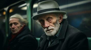 ai generiert alt Männer auf ein Zug und Hüte auf ihr Kopf foto