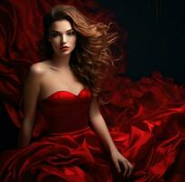ai generiert rot trägerlos Samt Kleid zum ein schön Frau mit Haar, foto