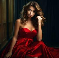 ai generiert rot trägerlos Samt Kleid zum ein schön Frau mit Haar, foto