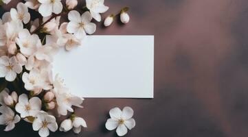 ai generiert Weiß Blumen mit leer Notiz-Karte in der Nähe von ein grau Hintergrund, foto