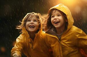 ai generiert zwei Kinder abspielen im das Regen außen, foto