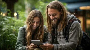 ai generiert ein Paar Sitzung auf ein Park Bank, mit ein Tablette zu machen ein Zahlung zum Konzert Tickets foto