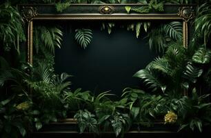 ai generiert ein Rahmen gefüllt mit tropisch Pflanzen im ein schwarz Hintergrund foto