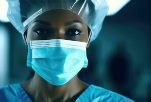 ai generiert ein weiblich der Chirurg tragen ein Blau Gesicht Maske, foto