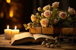 ai generiert Kerzen, Blumen, Bücher, und ein öffnen Buch foto