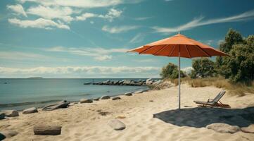 ai generiert ein Regenschirm hing auf das Sand durch das Strand foto