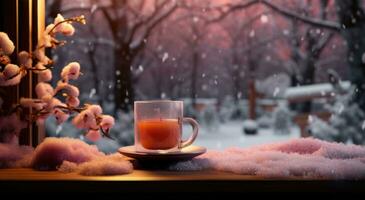 ai generiert schneebedeckt Wald mit warm überlegte Apfelwein Sitzung auf ein Fenster Schwelle foto