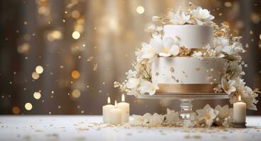 ai generiert Hochzeit Kuchen mit Weiß Blumen und golden Sterne auf ein Weiß Tisch, foto