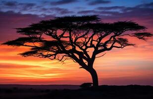 ai generiert ein Silhouette Akazie Baum gegen das Himmel foto