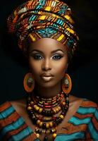 ai generiert ein afrikanisch Frau tragen afrikanisch drucken Kleidung foto