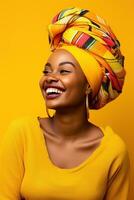 ai generiert ein lächelnd afrikanisch Frau tragen ein bunt Hut auf ein Gelb Hintergrund foto