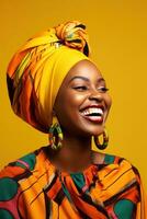 ai generiert ein lächelnd, bunt afrikanisch Frau tragen ein Kopf Schal foto