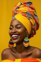 ai generiert ein lächelnd afrikanisch Frau tragen ein bunt Hut auf ein Gelb Hintergrund foto