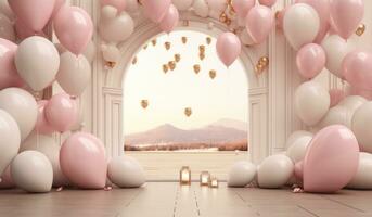 ai generiert groß Luftballons, Herz rahmen, Sekt, Rahmen und golden Papier Herzen foto