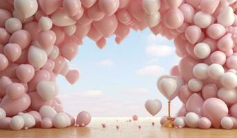 ai generiert groß Luftballons, Herz rahmen, Sekt, Rahmen und golden Papier Herzen foto
