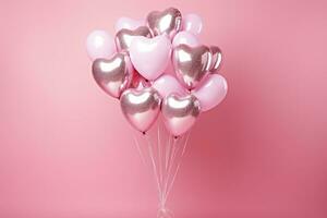 ai generiert Rosa, Weiß und Silber Herz Luftballons auf Rosa Hintergrund foto