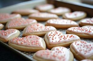 ai generiert Valentinstag Tag Kekse zu machen ein Kuchen von kratzen foto