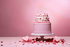 ai generiert Valentinsgrüße Tag auf Rosa Hintergrund mit Süßigkeiten Herzen foto