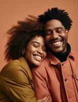 ai generiert zwei schwarz Amerikaner umarmen und lächelnd auf ein braun Hintergrund foto