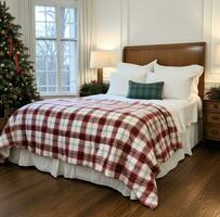 ai generiert ein Schlafzimmer mit ein rot und Weiß Plaid Tröster und Weihnachten Baum im das Zimmer foto