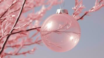 ai generiert ein Weihnachten Ornament mit ein Rosa glühen auf ein Baum Ast foto