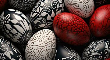 ai generiert ein Cluster von dekorativ geschnitzt Weiss, schwarz und rot Eier foto