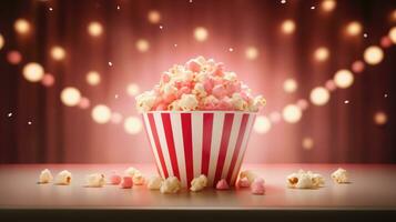 ai generiert ein Tasse von Popcorn Sitzung auf oben von Beleuchtung und Beleuchtung foto