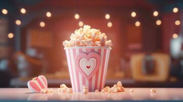 ai generiert ein Tasse von Popcorn Sitzung auf oben von Beleuchtung und Beleuchtung foto