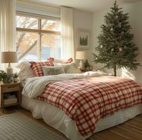 ai generiert ein Schlafzimmer mit ein rot und Weiß Plaid Tröster und Weihnachten Baum im das Zimmer foto