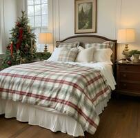 ai generiert ein Schlafzimmer mit ein rot und Weiß Plaid Tröster und Weihnachten Baum im das Zimmer foto