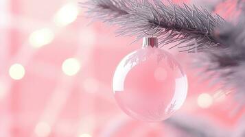 ai generiert ein Rosa Weihnachten Ball hängt von ein Kiefer Baum Ast mit ein Weihnachten Licht Hintergrund foto