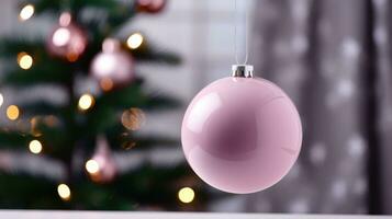 ai generiert ein Rosa Weihnachten Ball hängt von ein Kiefer Baum Ast mit ein Weihnachten Licht Hintergrund foto