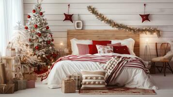 ai generiert ein rot und Weiß Schlafzimmer ist dekoriert mit Weihnachten Dekorationen foto