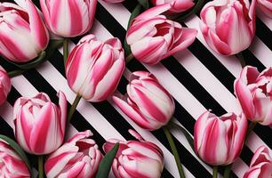 ai generiert ein Anordnung von Rosa Tulpen auf schwarz und Weiß gestreift Hintergrund foto