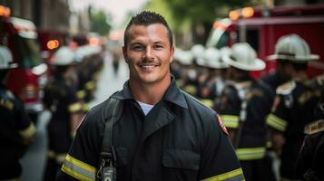 ai generiert ein Porträt von ein Feuerwehrmann im seine Kleid Uniform foto