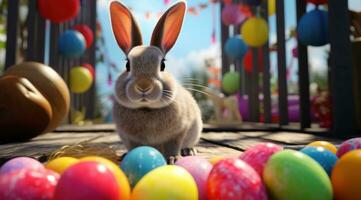 ai generiert Ostern Hase im Vorderseite von bunt Eier foto