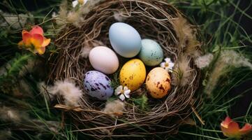 ai generiert bunt Eier im ein Nest sind eingebettet auf Grün Gras foto