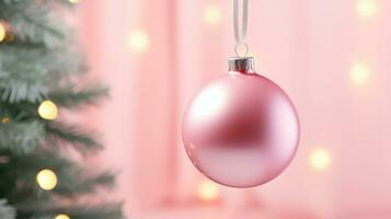 ai generiert ein Rosa Weihnachten Ball hängt von ein Kiefer Baum Ast mit ein Weihnachten Licht Hintergrund foto