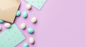 ai generiert Ostern, Frühling Ostern Eier im Kraft Briefumschlag Über ein Rosa Hintergrund foto