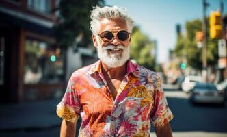 ai generiert ein älter Mann im ein Blumen- Hemd Stehen auf das Straße foto
