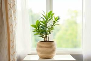 ai generiert Konzept von Zuhause Gartenarbeit. Zamioculcas im Blumentopf auf Fensterbrett. Zuhause Pflanzen auf das Fensterbrett. Grün Zuhause Pflanzen im ein Topf auf Fensterbrett beim heim. generativ ai. foto