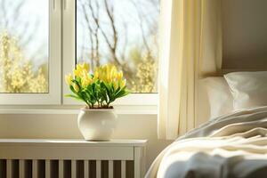 ai generiert Konzept von Zuhause Gartenarbeit. Zamioculcas im Blumentopf auf Fensterbrett. Zuhause Pflanzen auf das Fensterbrett. Grün Zuhause Pflanzen im ein Topf auf Fensterbrett beim heim. generativ ai. foto