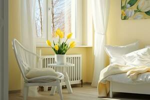 ai generiert Licht Frühling Schlafzimmer Innere, Bett, Weiß Stuhl, Glas mit Gelb Tulpe, Fenster Licht Vorhänge, Pastell- Farben. generativ ai. foto