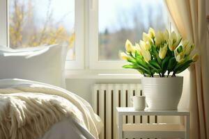 ai generiert Konzept von Zuhause Gartenarbeit. Zamioculcas im Blumentopf auf Fensterbrett. Zuhause Pflanzen auf das Fensterbrett. Grün Zuhause Pflanzen im ein Topf auf Fensterbrett beim heim. generativ ai. foto