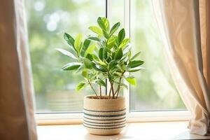 ai generiert Konzept von Zuhause Gartenarbeit. Zamioculcas im Blumentopf auf Fensterbrett. Zuhause Pflanzen auf das Fensterbrett. Grün Zuhause Pflanzen im ein Topf auf Fensterbrett beim heim. generativ ai. foto