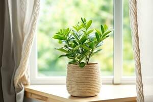 ai generiert Konzept von Zuhause Gartenarbeit. Zamioculcas im Blumentopf auf Fensterbrett. Zuhause Pflanzen auf das Fensterbrett. Grün Zuhause Pflanzen im ein Topf auf Fensterbrett beim heim. generativ ai. foto