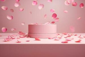 ai generiert Rosa Produkt Podium Platzierung auf solide Hintergrund mit Rose Blütenblätter fallen. Luxus Prämie Schönheit, Mode, kosmetisch und Spa Geschenk Stand Präsentation. Valentinstag Tag Geschenk Vitrine. foto