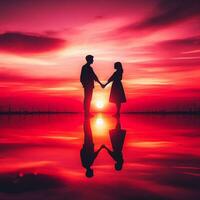ai generiert silhouettiert Liebe Paar gegen das Stadt Sonnenuntergang foto